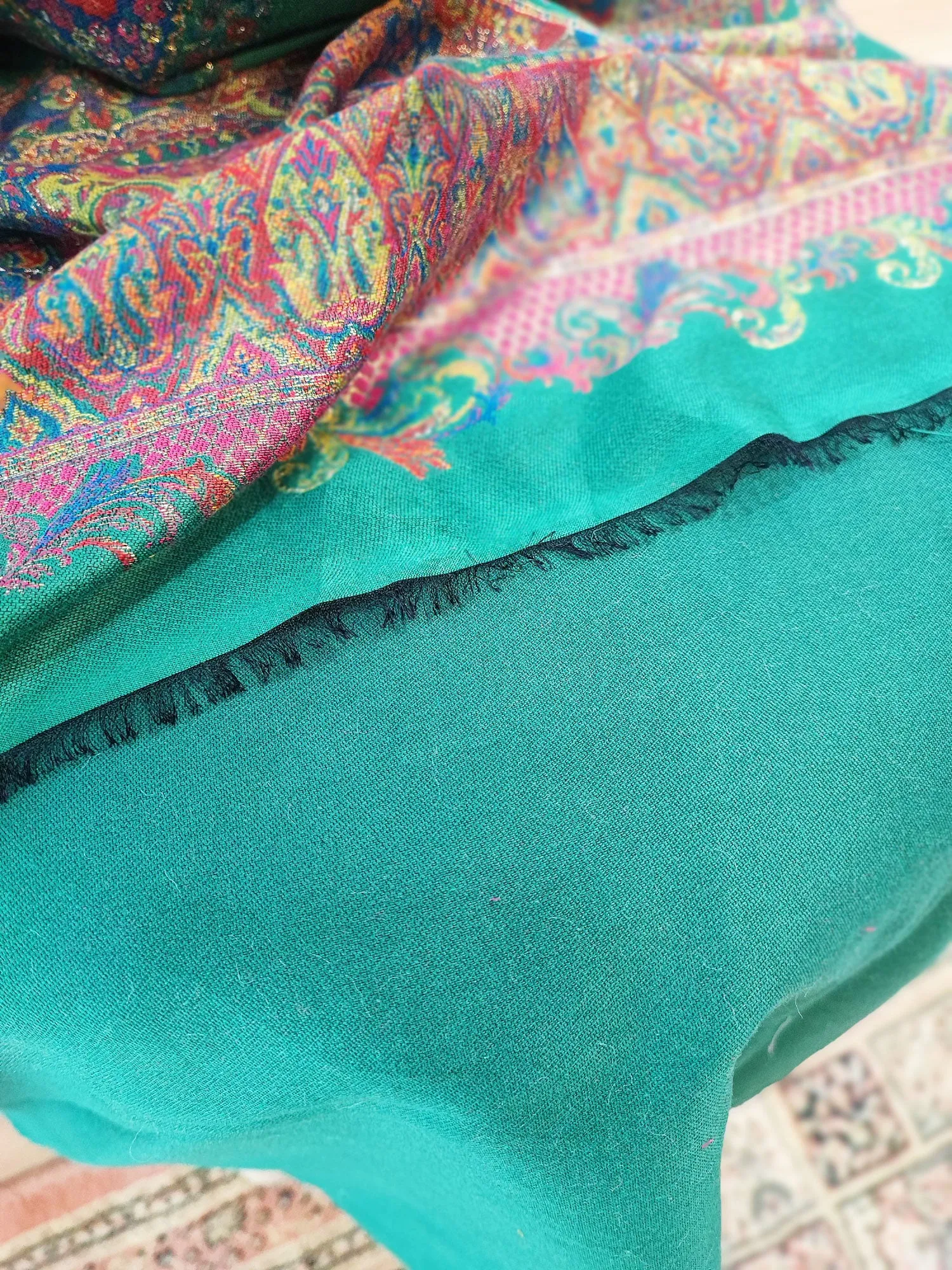 Sea Green Pure Wool Intricately Woven Kurta, Pant, and Shawl Set