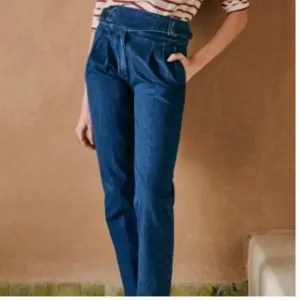 Sezane Jeans Size 6 Francky Trousers Denim Blue Pleated Paperbag Waist