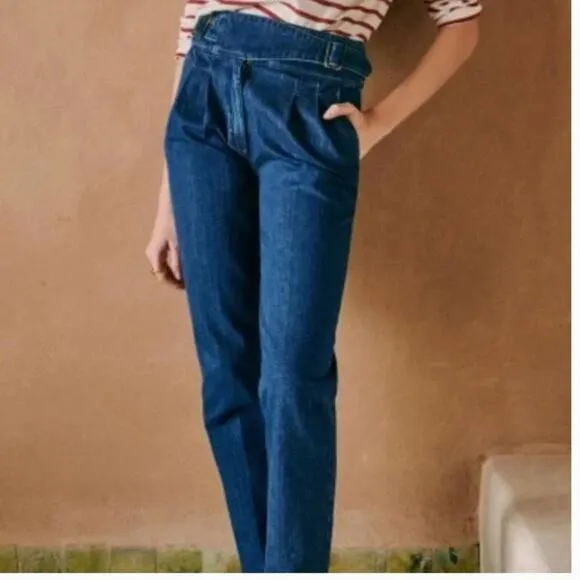 Sezane Jeans Size 6 Francky Trousers Denim Blue Pleated Paperbag Waist
