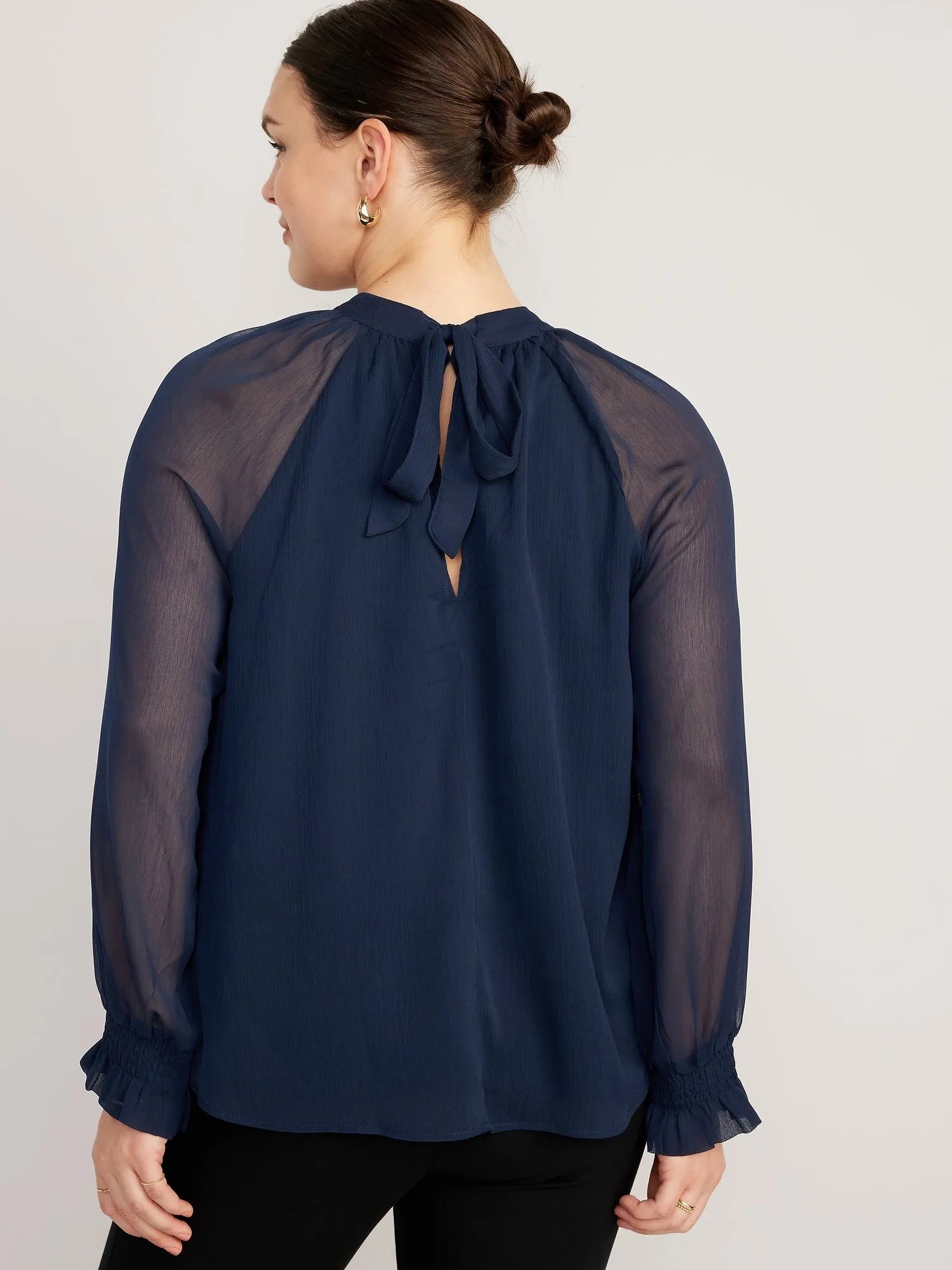 Shirred Mock-Neck Tie-Back Blouse for Women