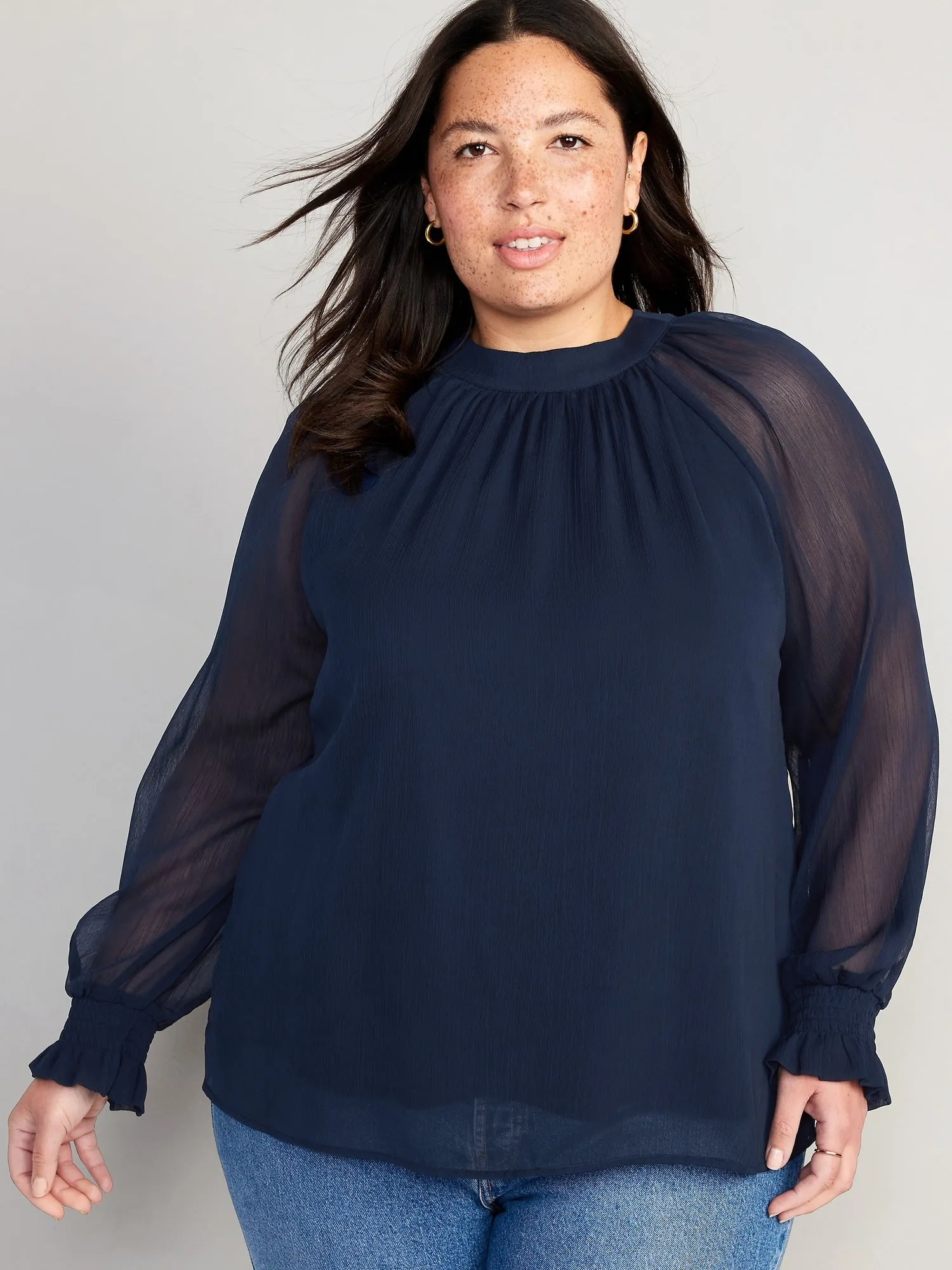 Shirred Mock-Neck Tie-Back Blouse for Women
