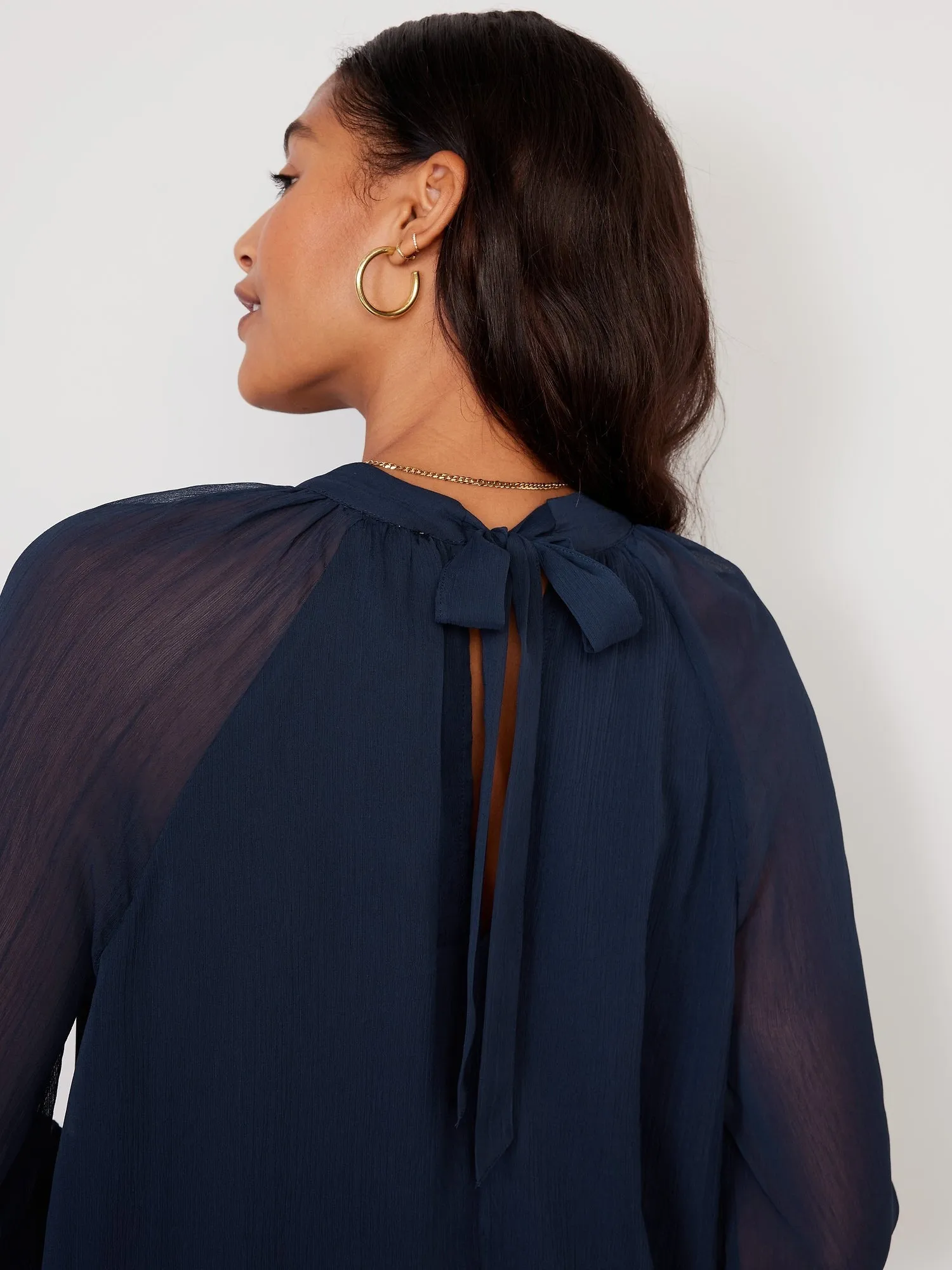 Shirred Mock-Neck Tie-Back Blouse for Women