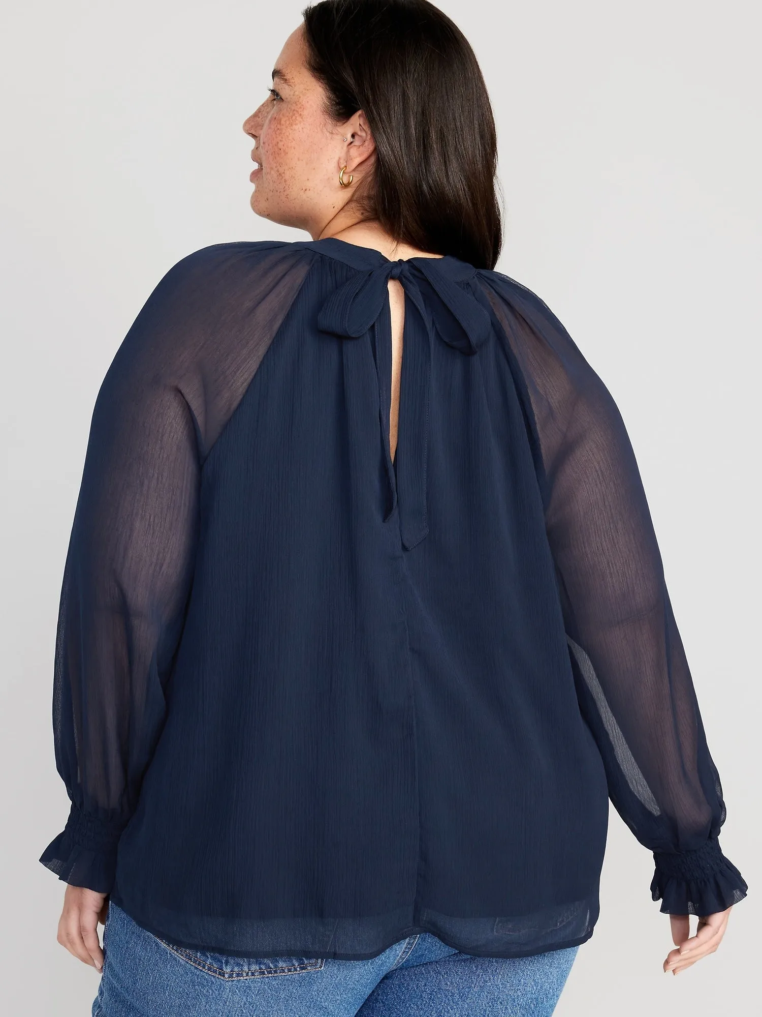 Shirred Mock-Neck Tie-Back Blouse for Women