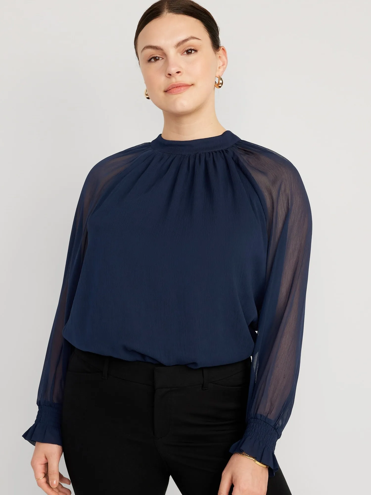 Shirred Mock-Neck Tie-Back Blouse for Women