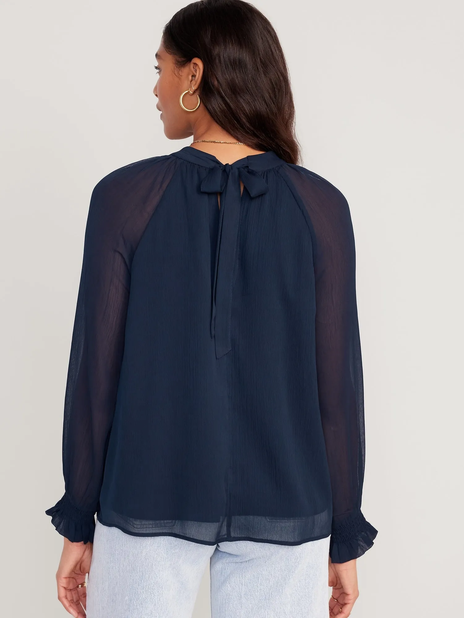 Shirred Mock-Neck Tie-Back Blouse for Women