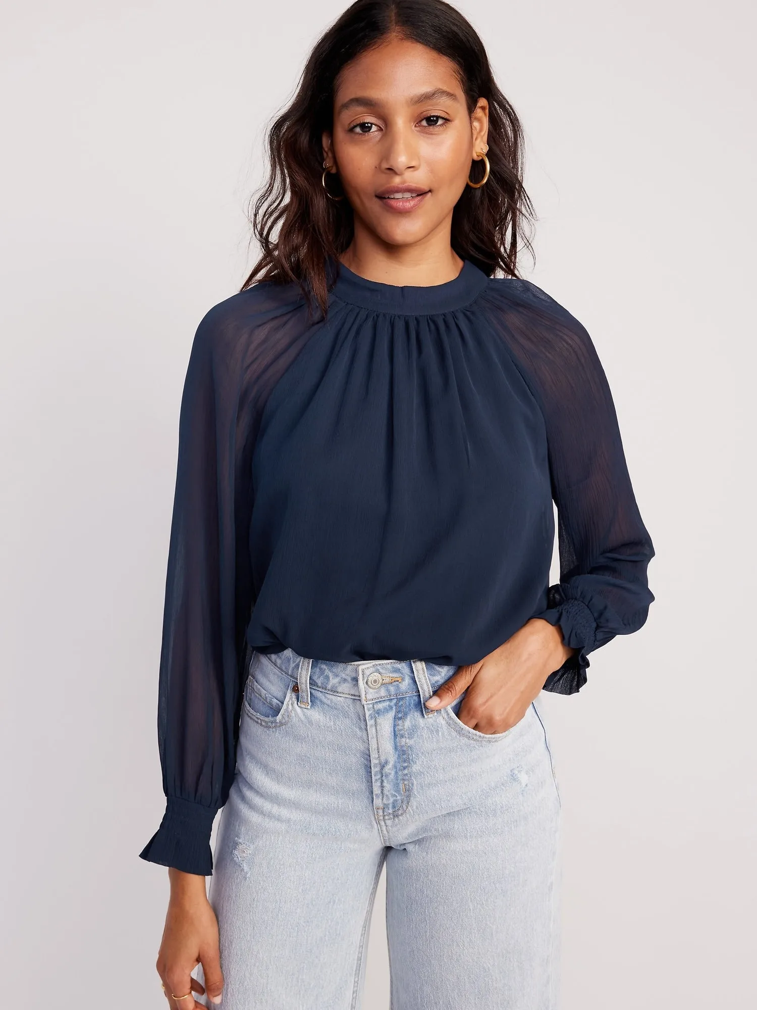 Shirred Mock-Neck Tie-Back Blouse for Women