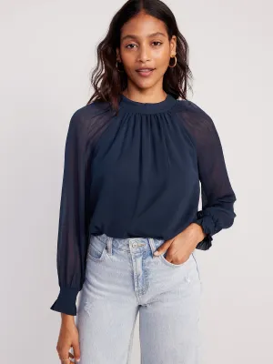 Shirred Mock-Neck Tie-Back Blouse for Women