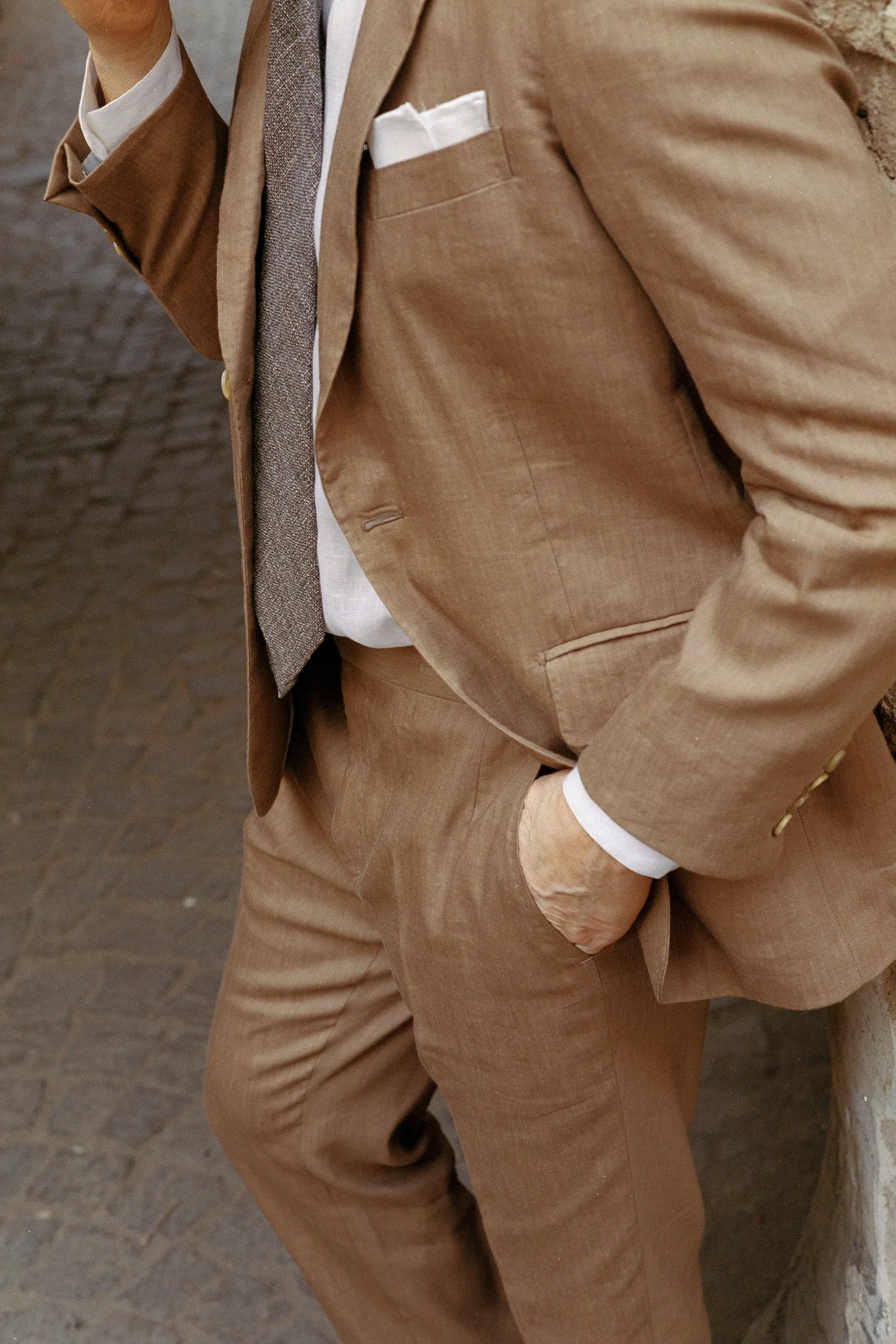 Single Breasted Notch Lapel Suit in Tobacco Wool Linen