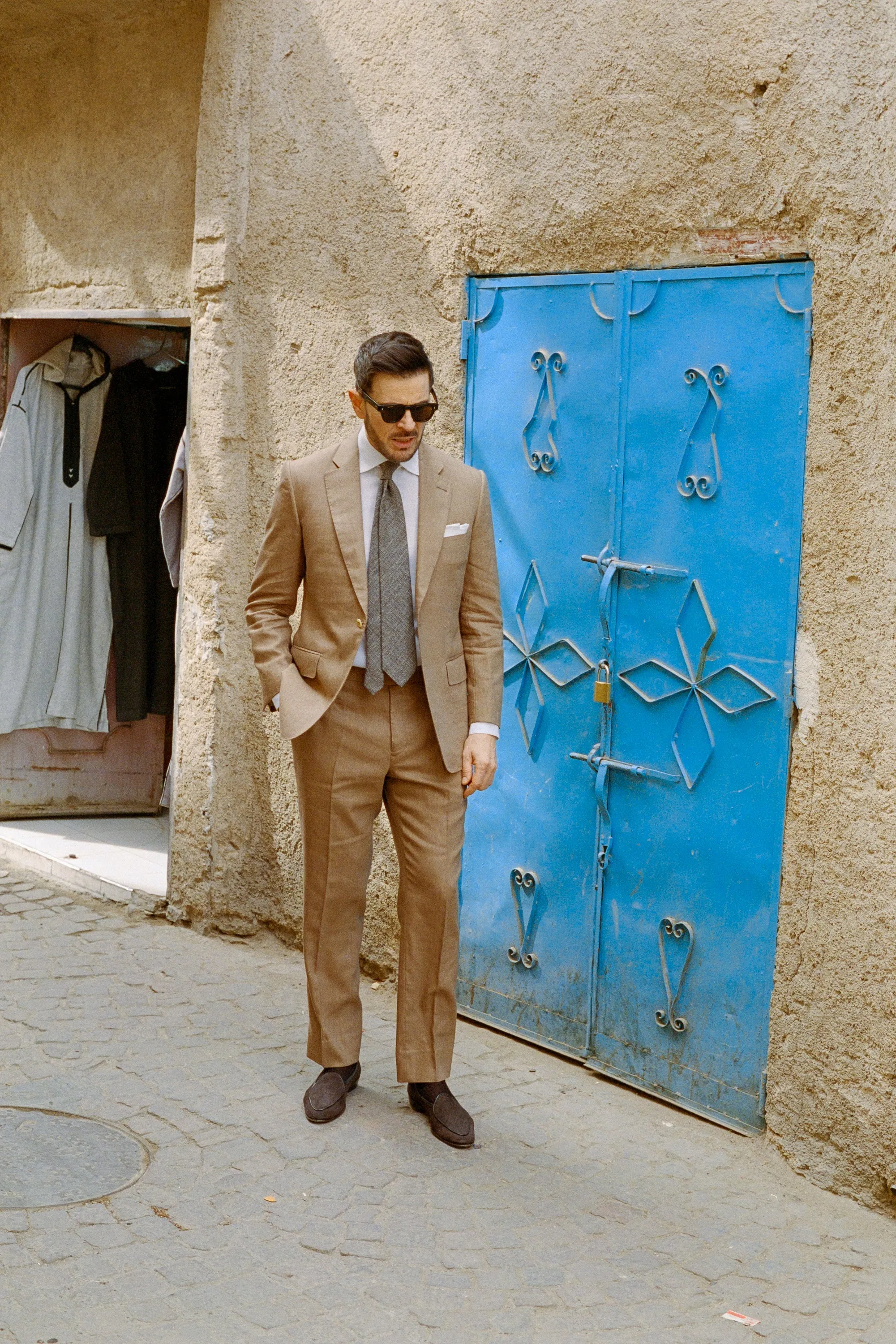 Single Breasted Notch Lapel Suit in Tobacco Wool Linen