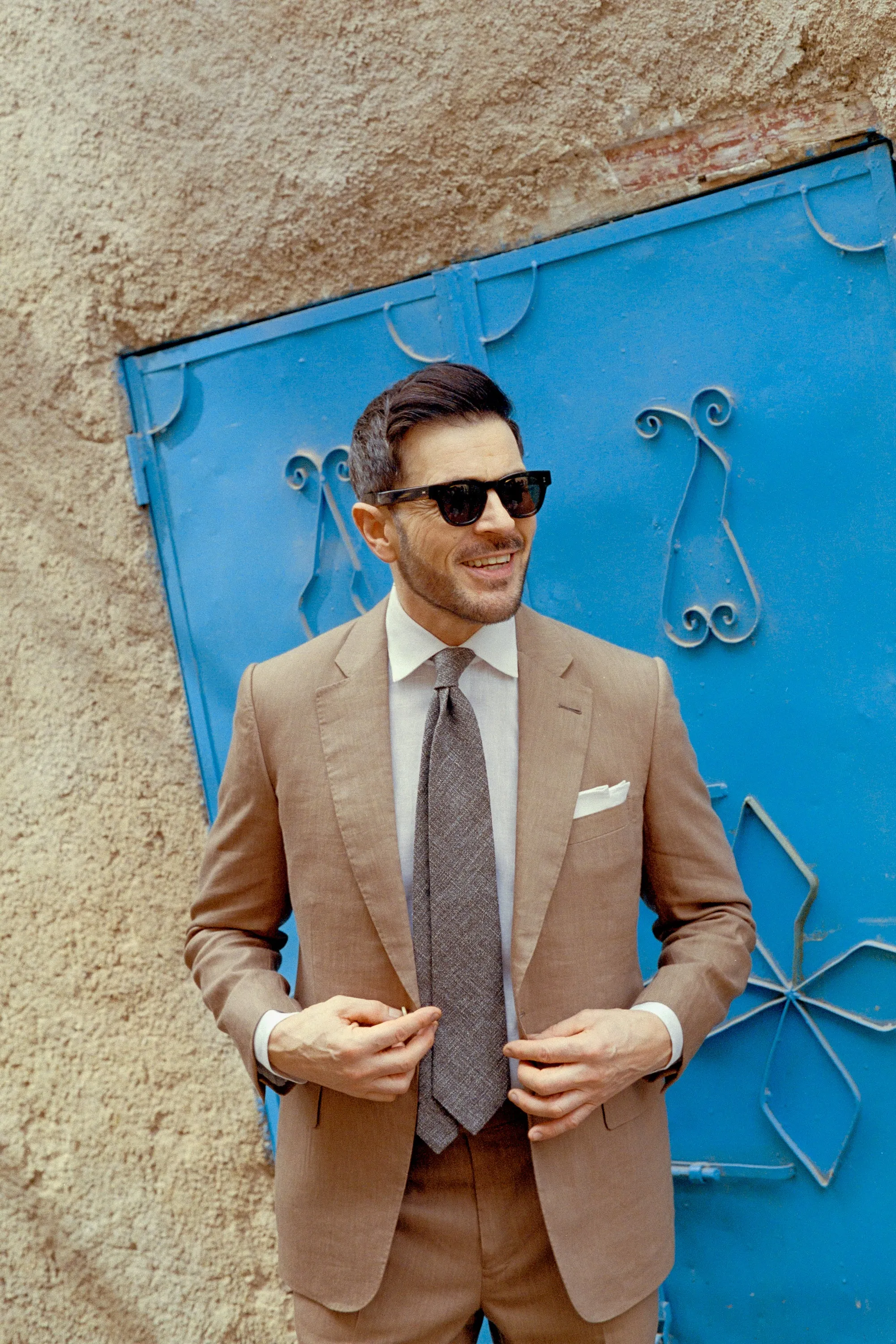 Single Breasted Notch Lapel Suit in Tobacco Wool Linen
