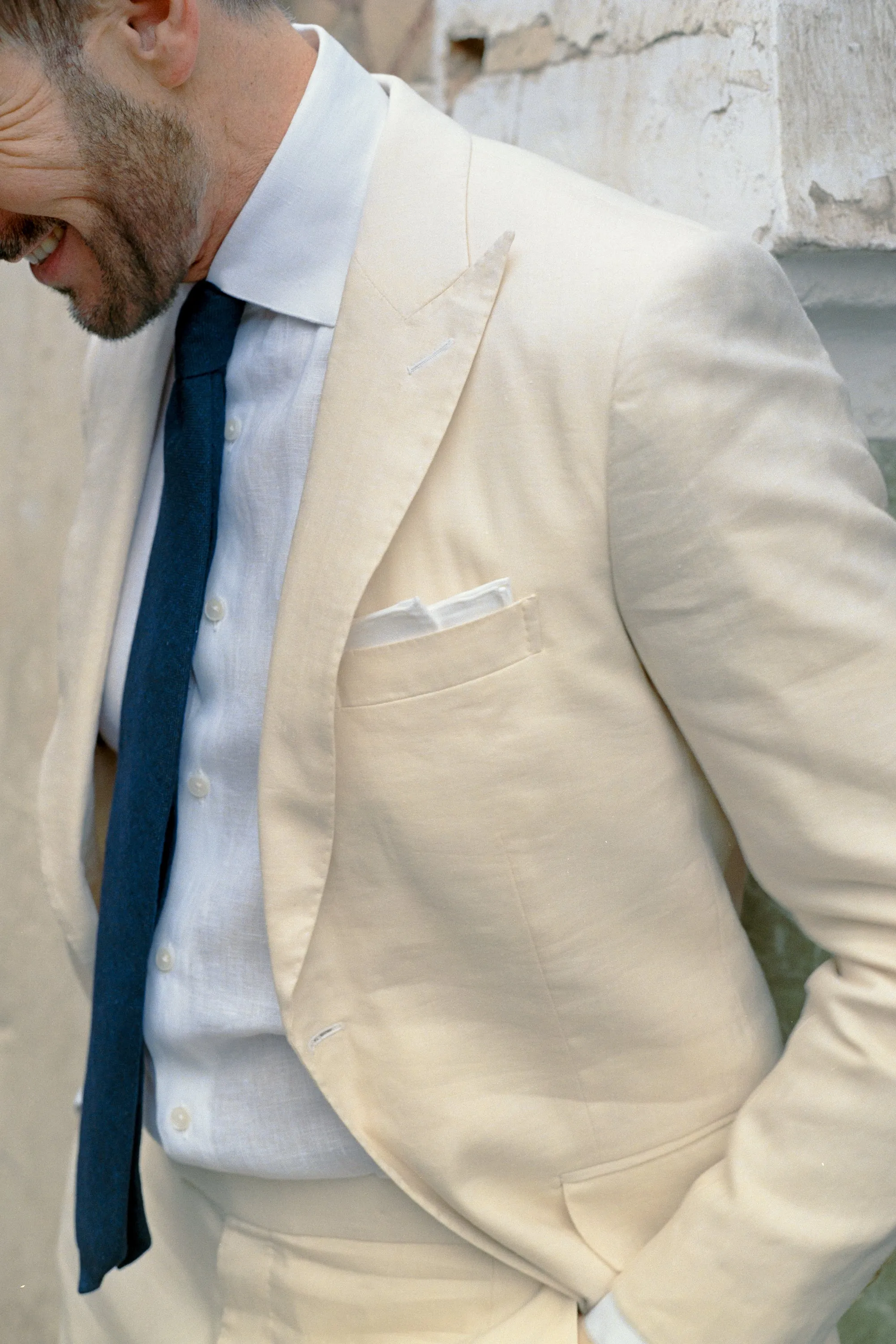 Single Breasted Peak Lapel Suit in Cream Wool Linen
