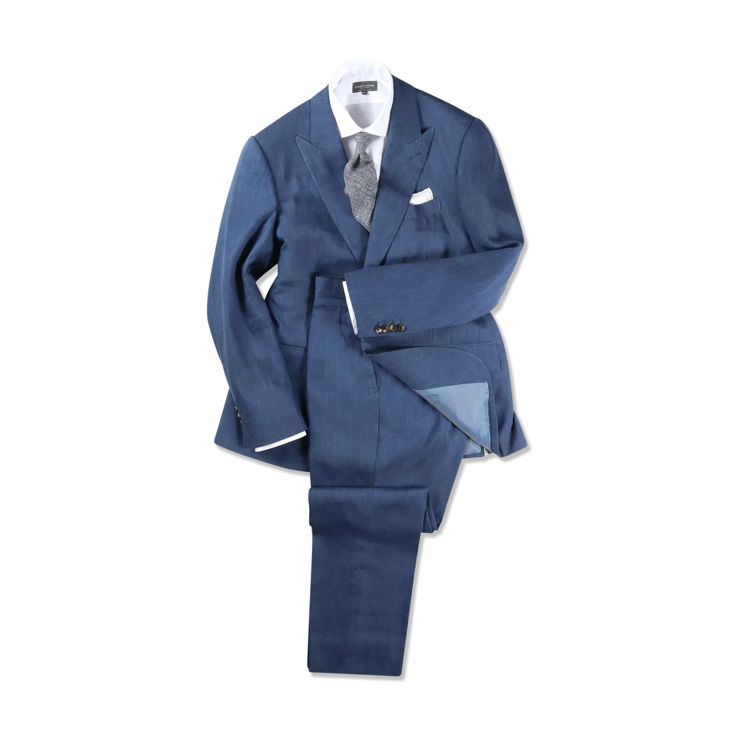 Single Breasted Peak Lapel Suit in Mid Blue Wool Linen