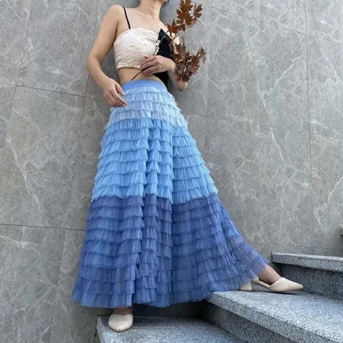 Sky Blue Maxi Ruffled Skirt