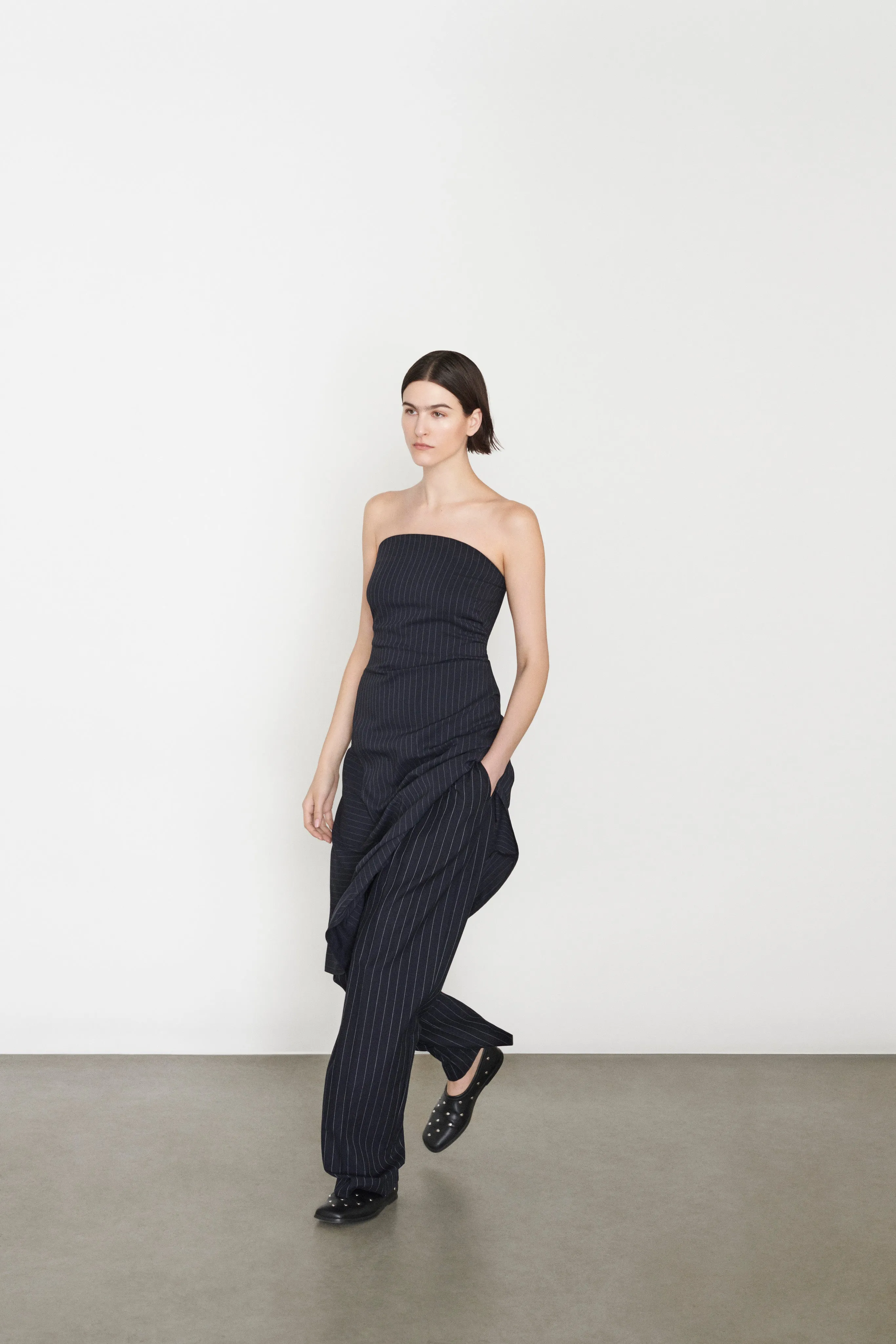 Strapless Inset Dress - Midnight Pinstripe