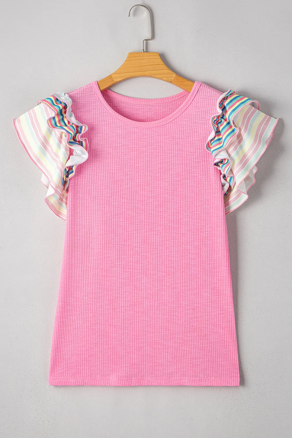 Striped Multicolor Pink Ruffle Flutter Sleeve Blouse