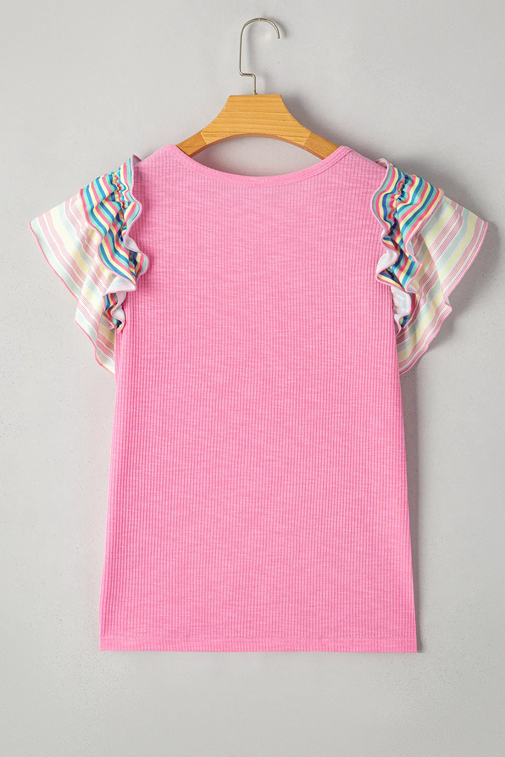 Striped Multicolor Pink Ruffle Flutter Sleeve Blouse