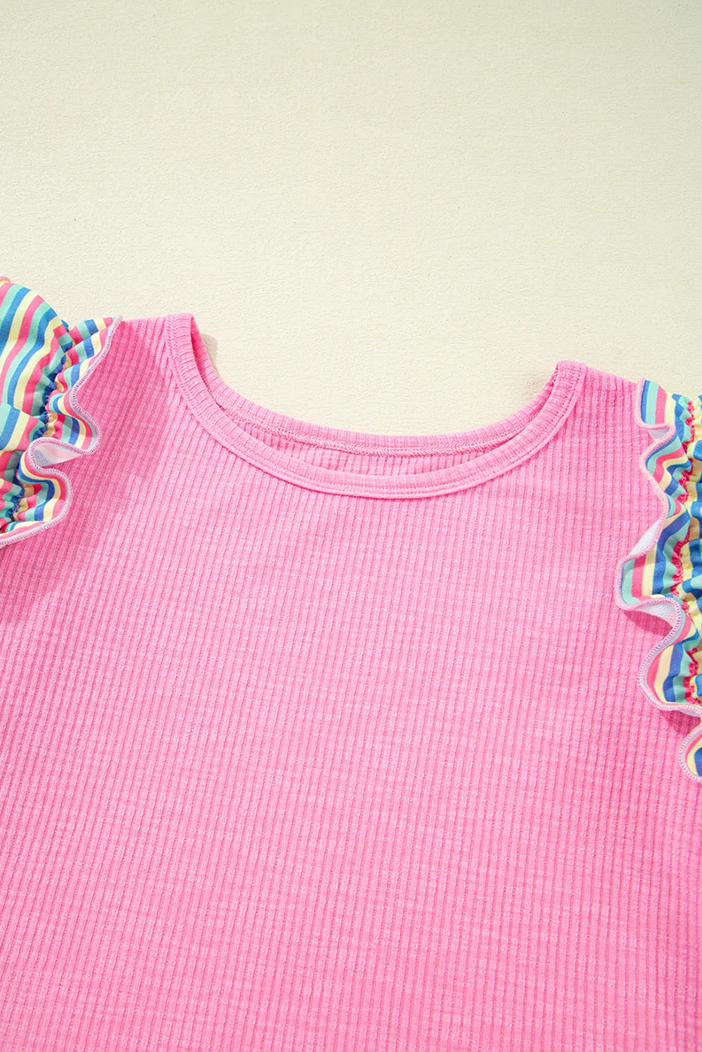 Striped Multicolor Pink Ruffle Flutter Sleeve Blouse