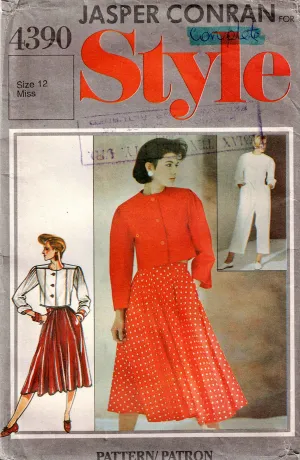 Style 4390 JASPER CONRAN Womens Cropped Jacket Pleated Skirt & Pants 1980s Vintage Sewing Pattern Size 12 Bust 34 inches UNCUT Factory Folded