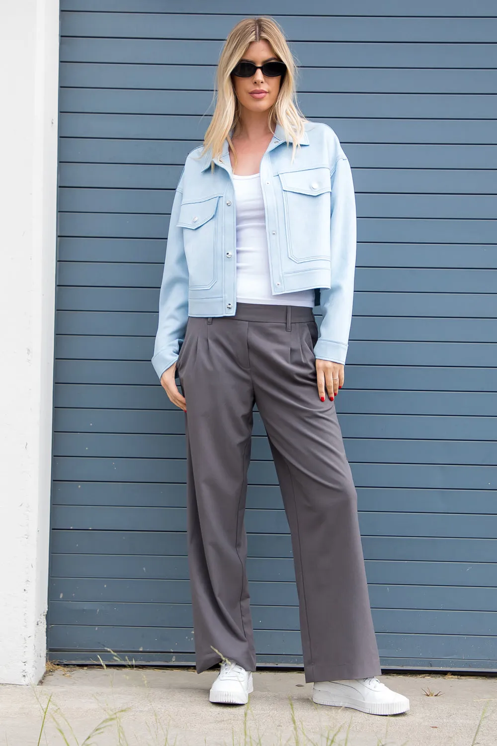 Suede Cropped Jacket - Light Blue