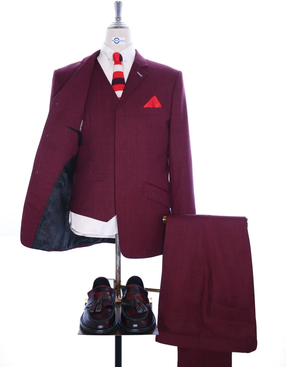Suit Deals| Buy 1 Burgundy Prince Of Wales Check Suit Get Free 3 Products