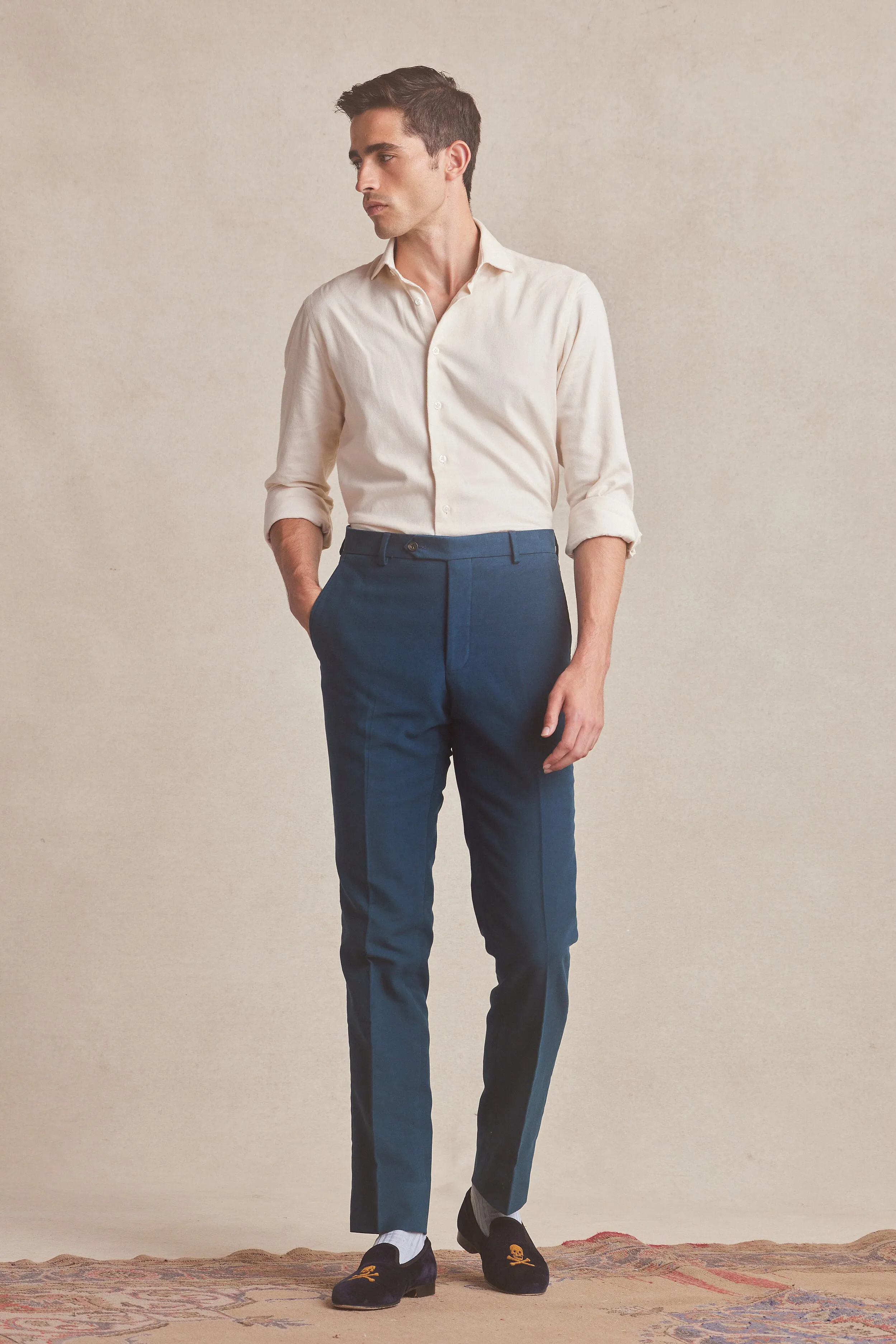 Teal Flat Front Moleskin Trousers