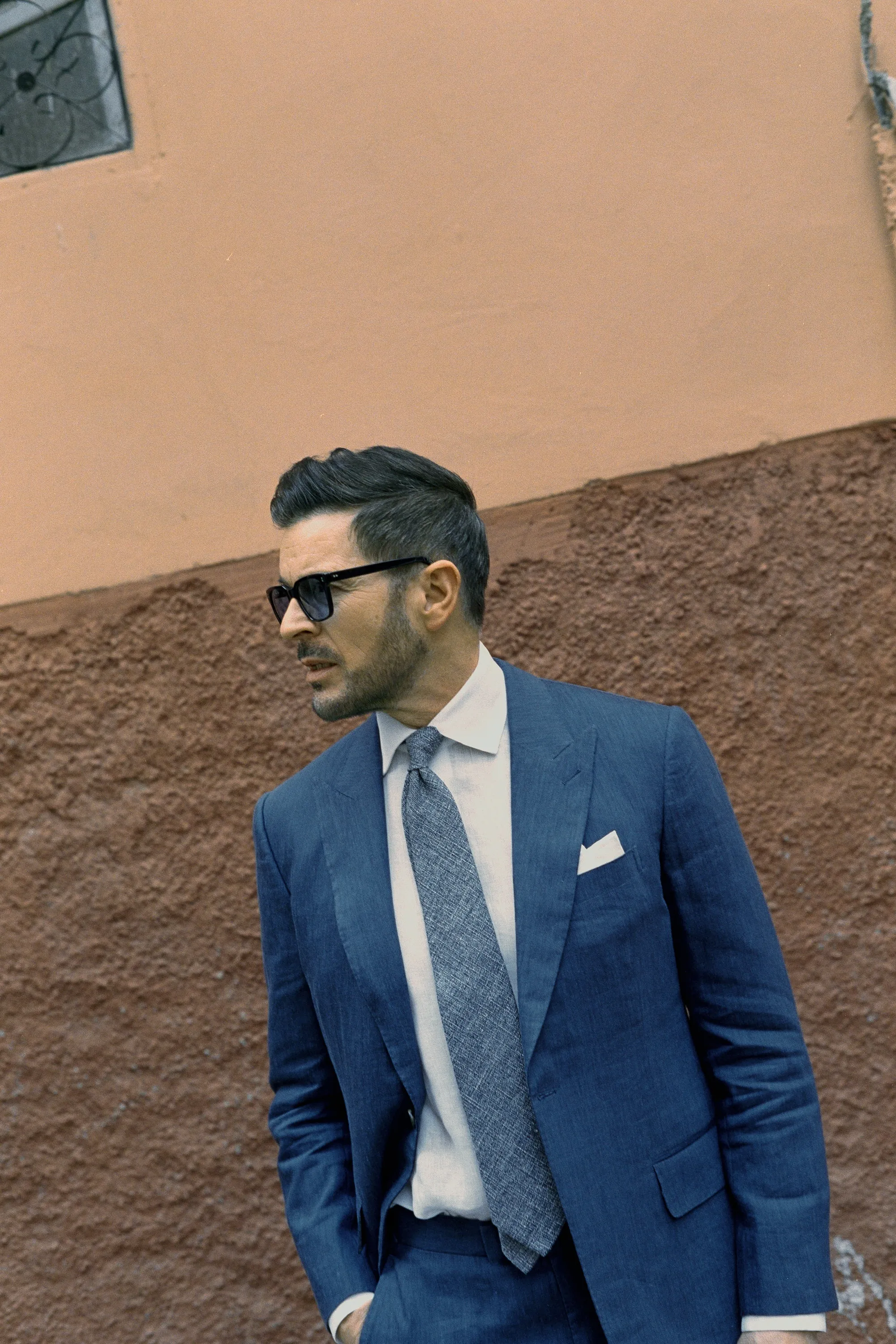 Textured Tie in Navy Wool, Linen & Cotton