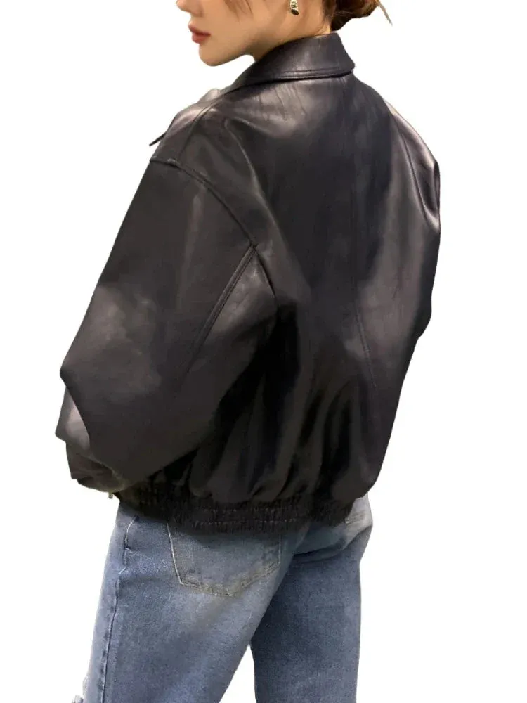 Trench Leather Jackets Women Streetwear Moto Biker Zipper Leather Jacket Casual High Street Cropped Leather Coats