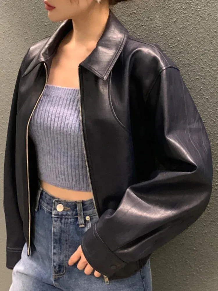 Trench Leather Jackets Women Streetwear Moto Biker Zipper Leather Jacket Casual High Street Cropped Leather Coats