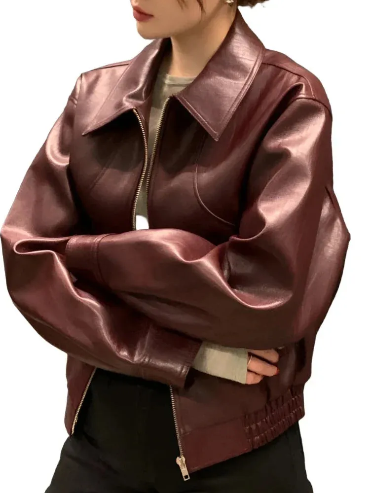 Trench Leather Jackets Women Streetwear Moto Biker Zipper Leather Jacket Casual High Street Cropped Leather Coats