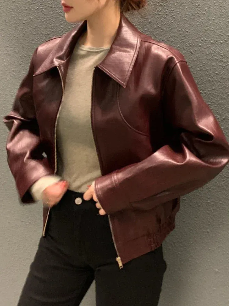 Trench Leather Jackets Women Streetwear Moto Biker Zipper Leather Jacket Casual High Street Cropped Leather Coats