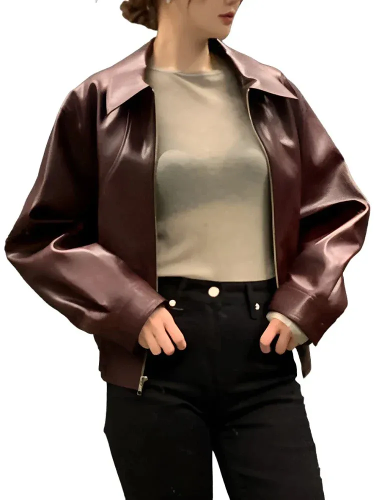 Trench Leather Jackets Women Streetwear Moto Biker Zipper Leather Jacket Casual High Street Cropped Leather Coats