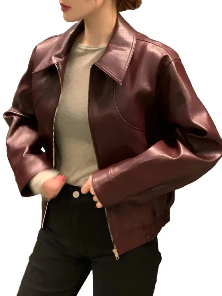 Trench Leather Jackets Women Streetwear Moto Biker Zipper Leather Jacket Casual High Street Cropped Leather Coats