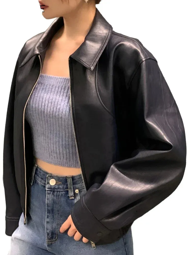 Trench Leather Jackets Women Streetwear Moto Biker Zipper Leather Jacket Casual High Street Cropped Leather Coats
