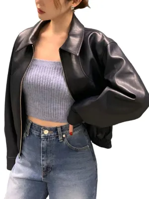 Trench Leather Jackets Women Streetwear Moto Biker Zipper Leather Jacket Casual High Street Cropped Leather Coats