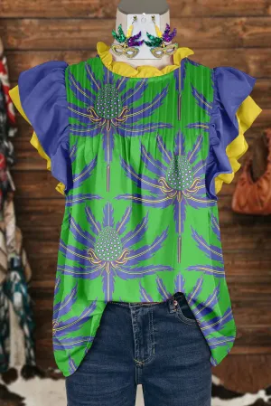 Unique Mardi Gras Botanical Print Pleated Fly Sleeve Blouse