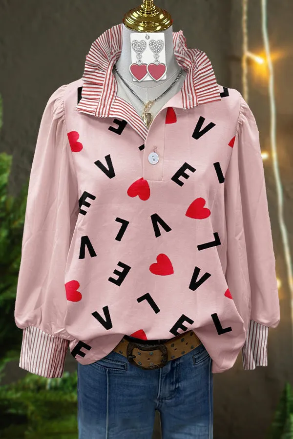 Valentine's Day Love Print Striped Blouse