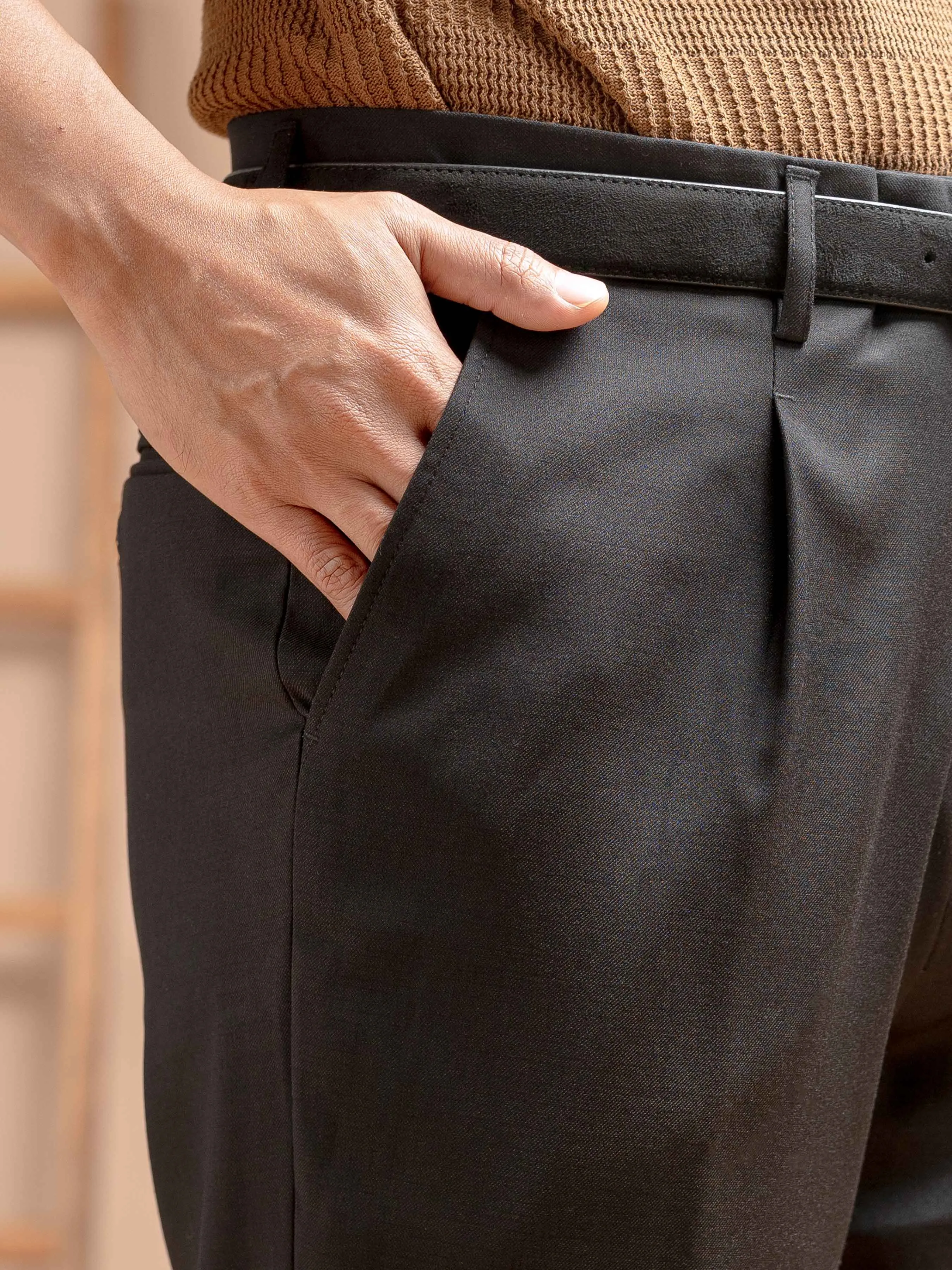 Vicolo Trousers With Belt Loop - Jet Black Plain (Wide Fit)