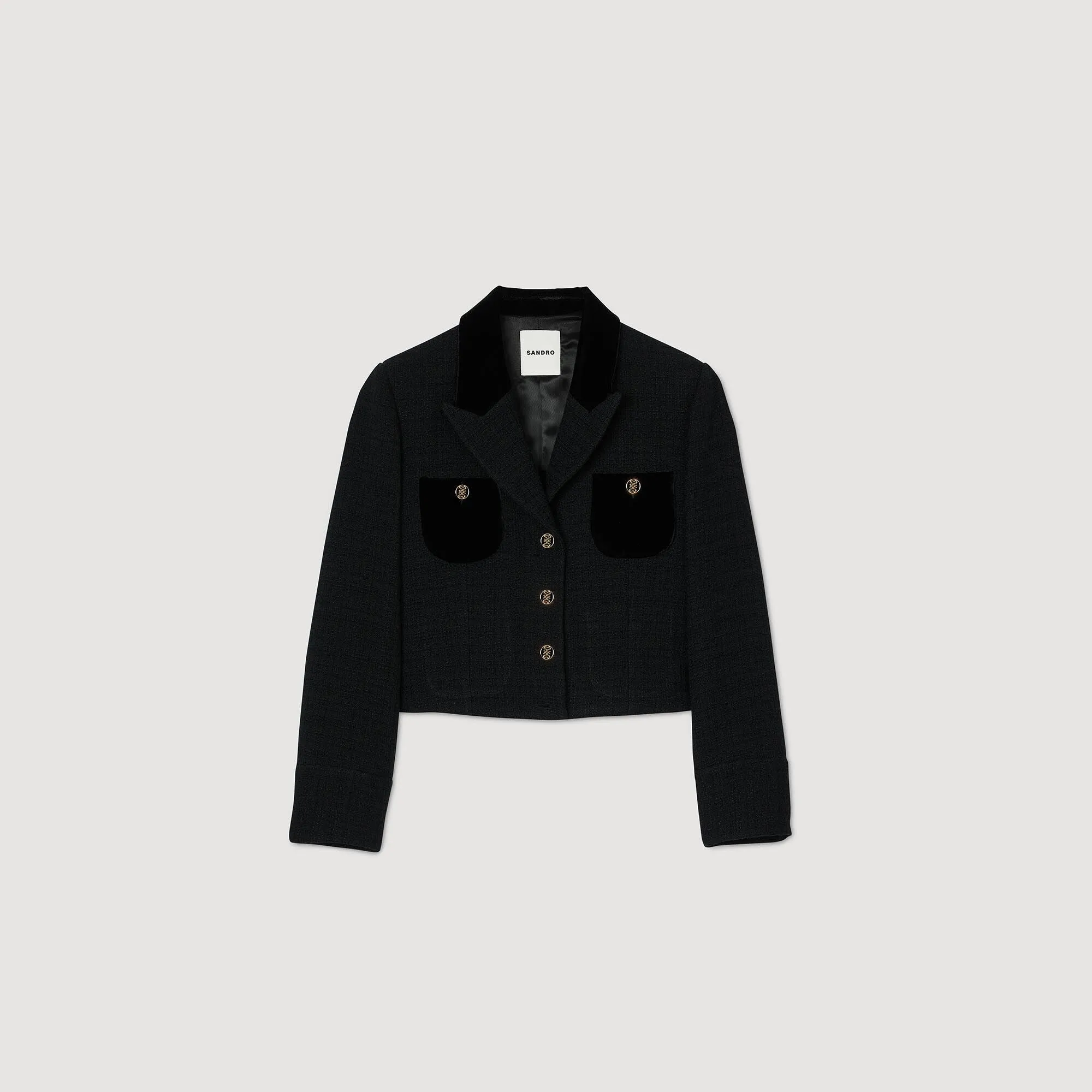 Victoria Velvet Tweed Cropped Jacket Black