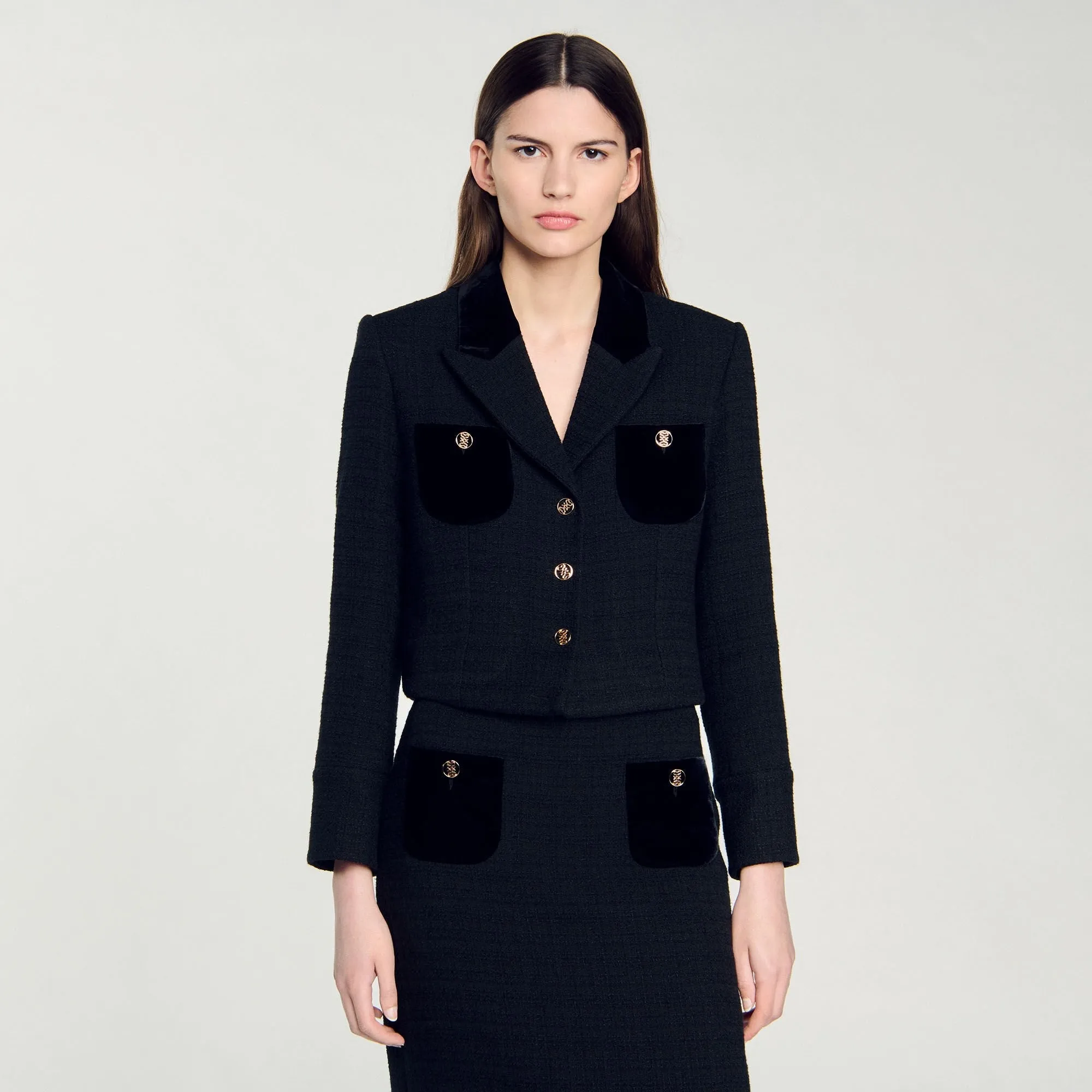 Victoria Velvet Tweed Cropped Jacket Black