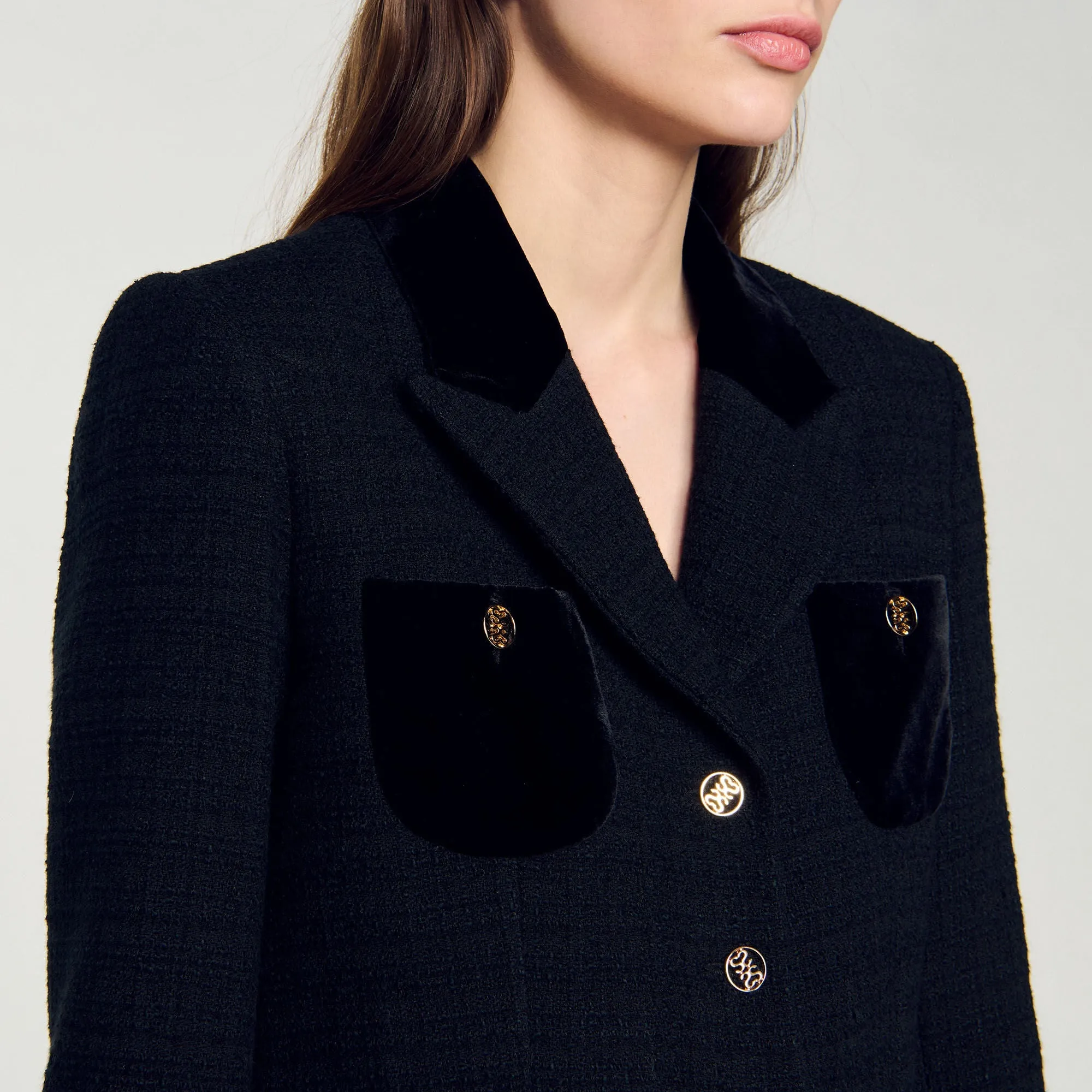 Victoria Velvet Tweed Cropped Jacket Black