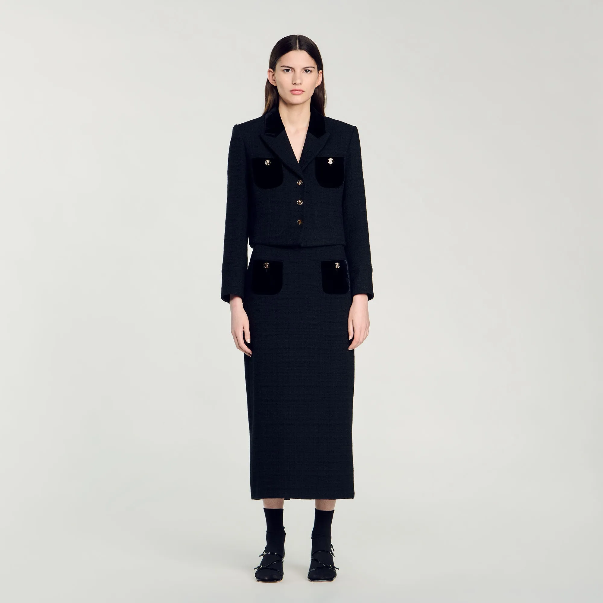 Victoria Velvet Tweed Cropped Jacket Black