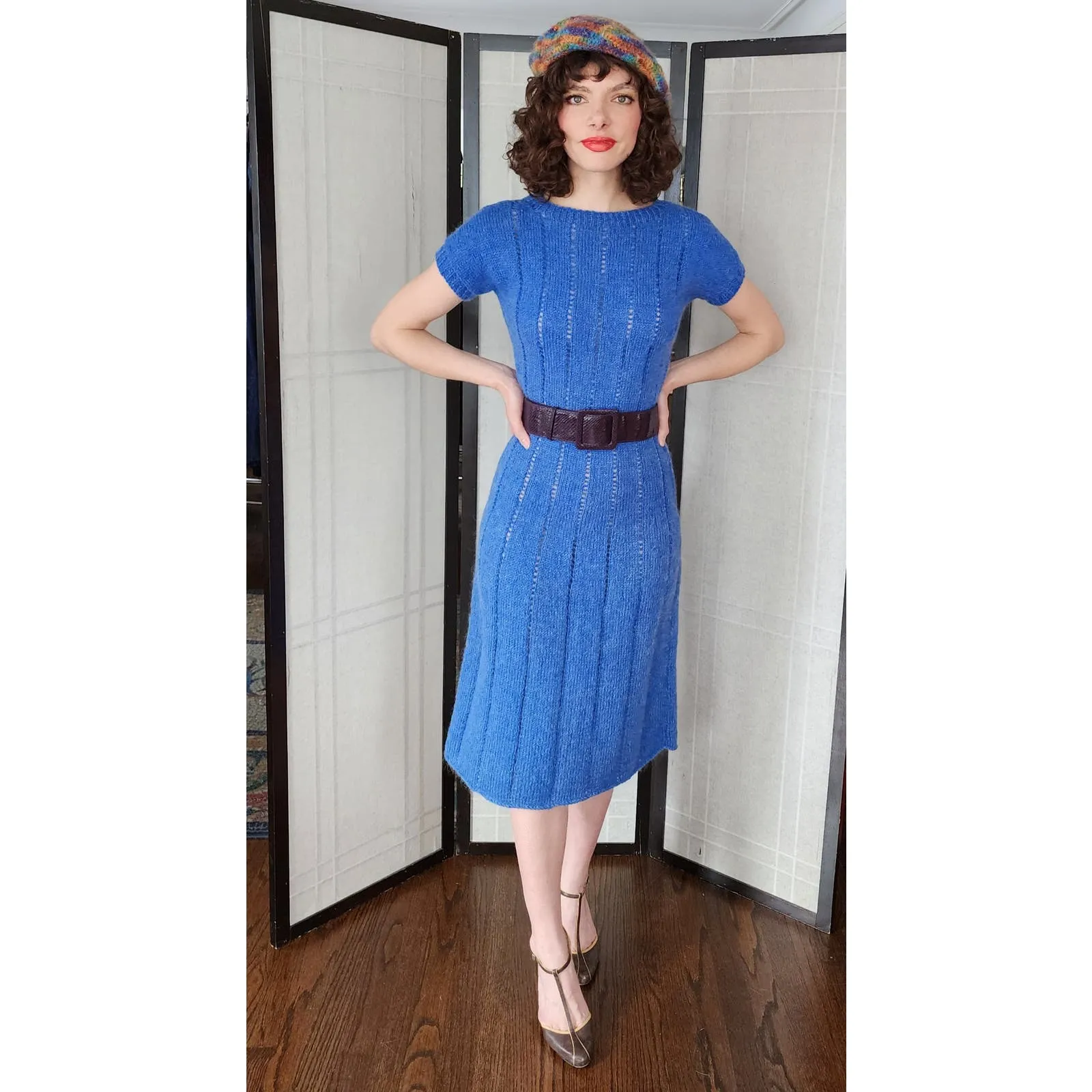 Vintage 50s Blue Knit Dress Short Sleeved