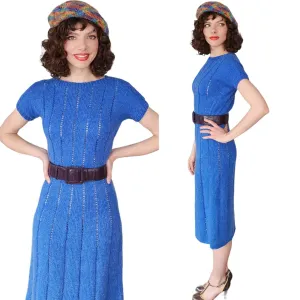 Vintage 50s Blue Knit Dress Short Sleeved