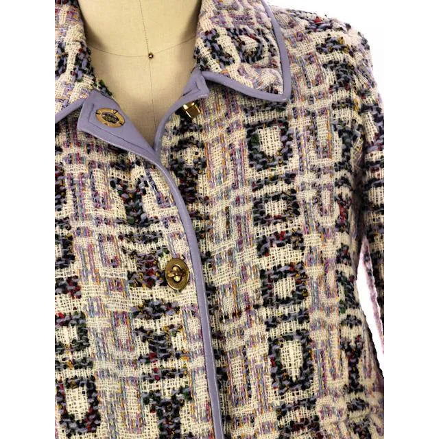 Vintage Bonnie Cashin Suit Wool Boucle Pastels Leather Trimmed 1960s 42-30-40