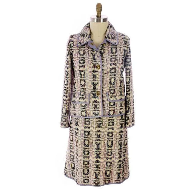 Vintage Bonnie Cashin Suit Wool Boucle Pastels Leather Trimmed 1960s 42-30-40