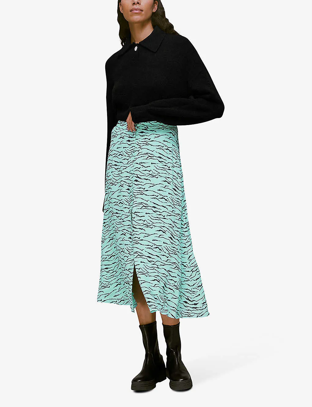 WHISTLES Tigar-Print Button-Front Woven Skirt