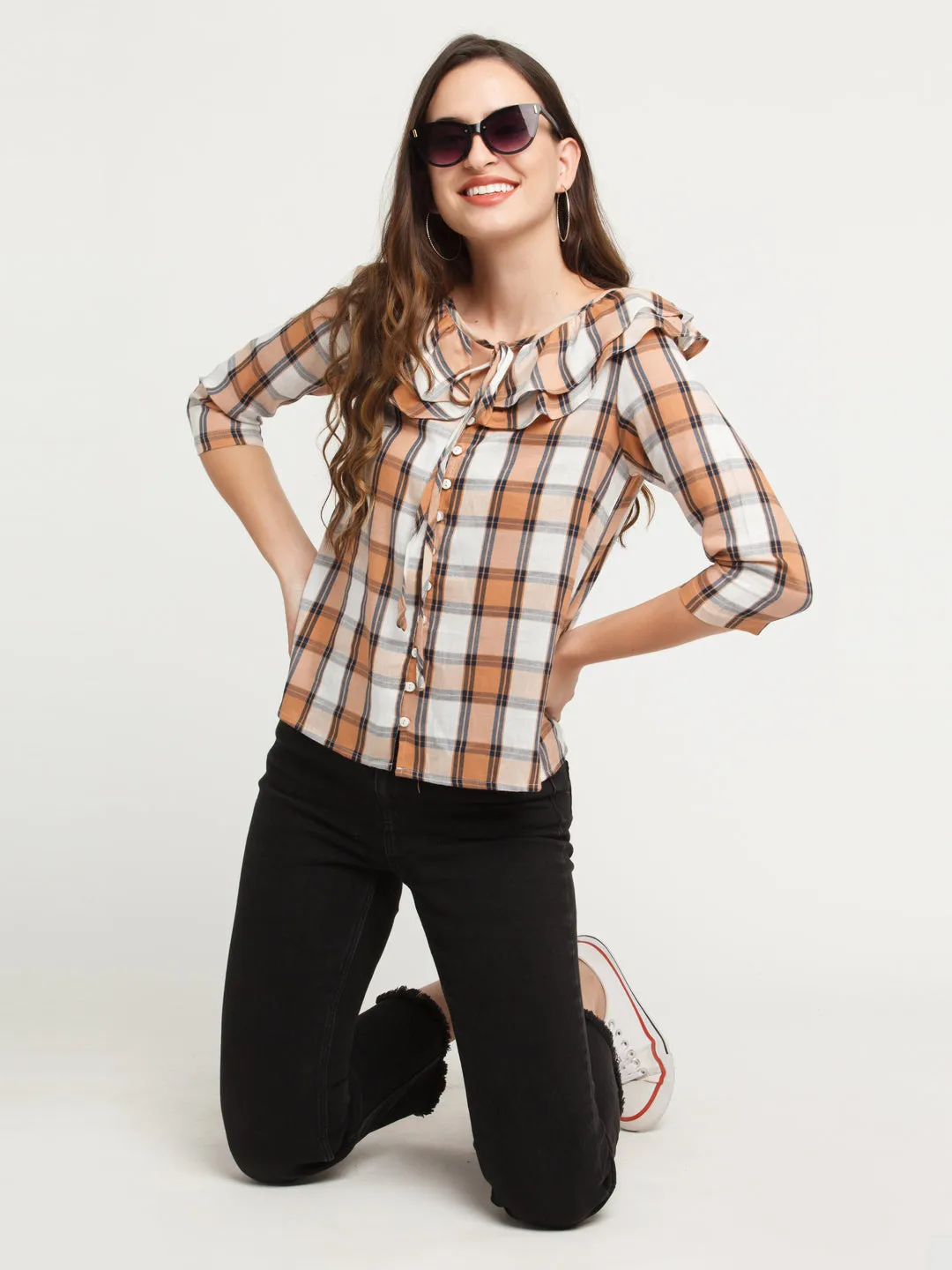 White Checked Ruffled Shirt