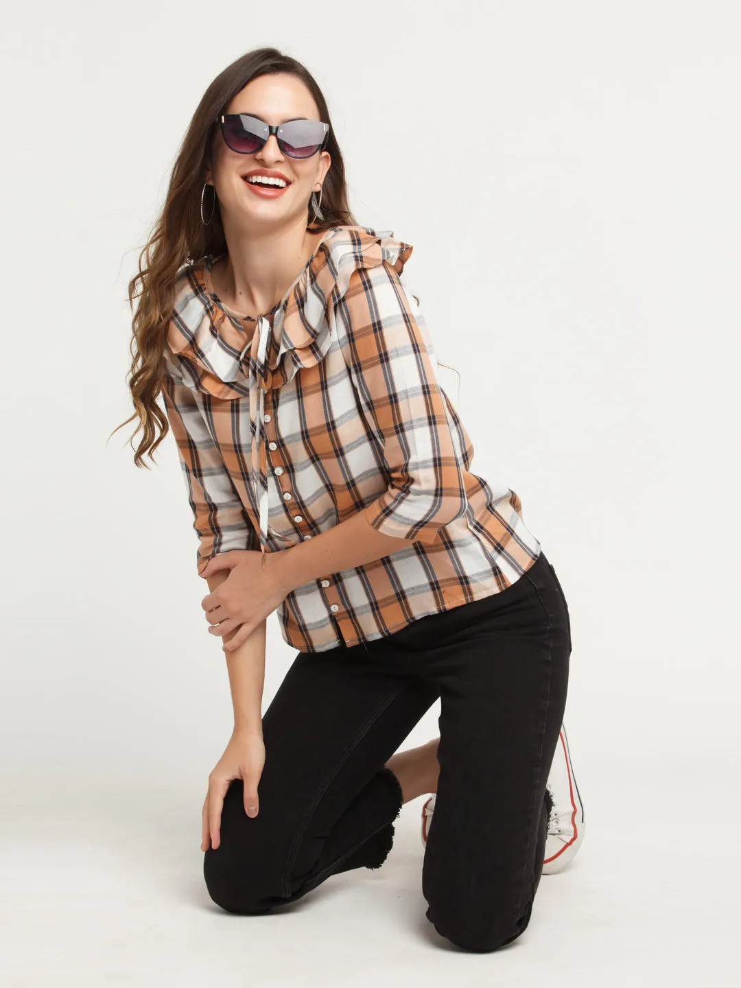 White Checked Ruffled Shirt