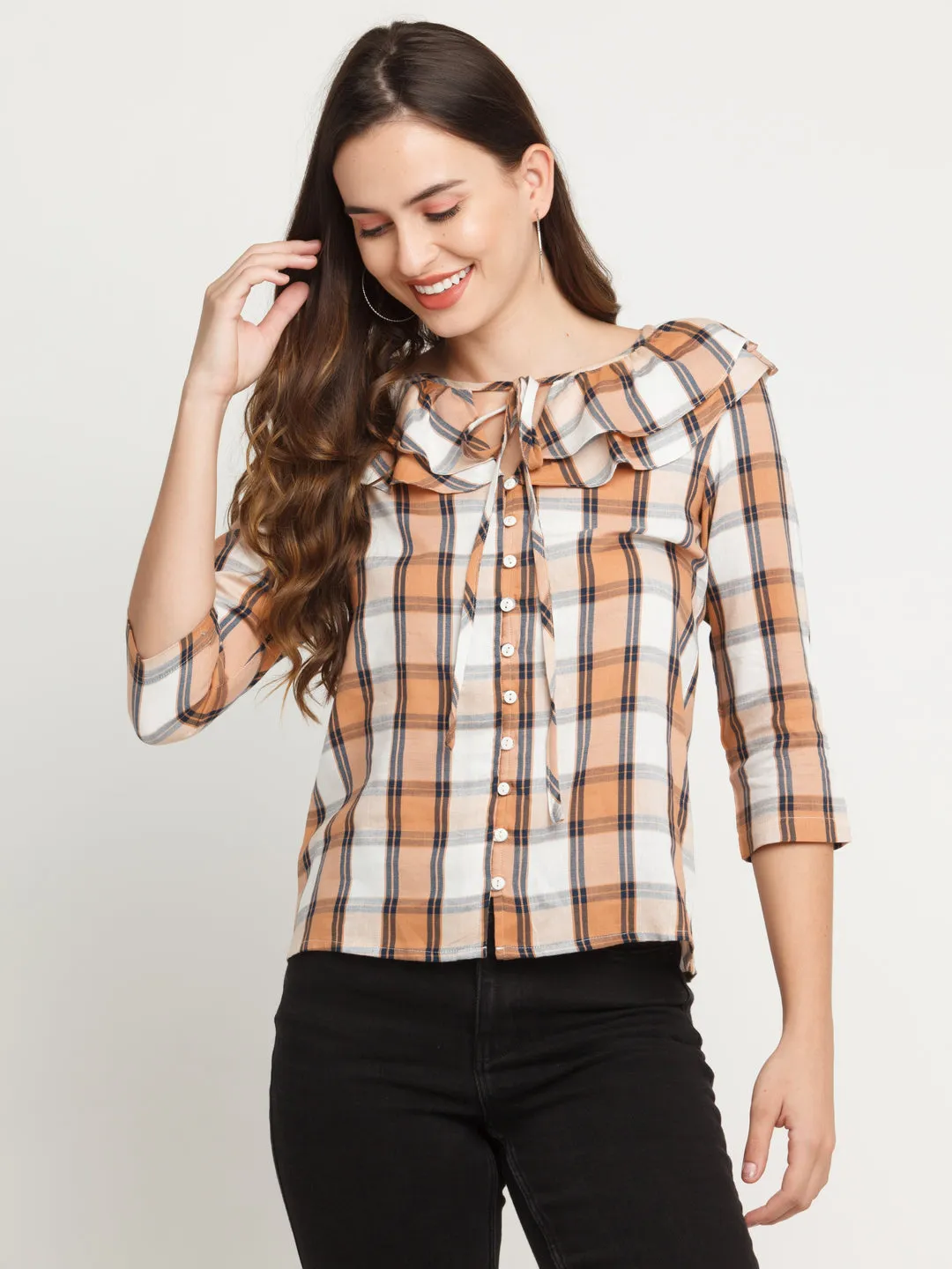 White Checked Ruffled Shirt