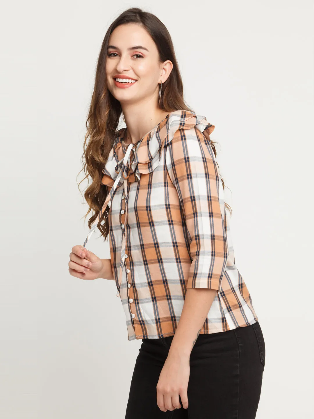 White Checked Ruffled Shirt